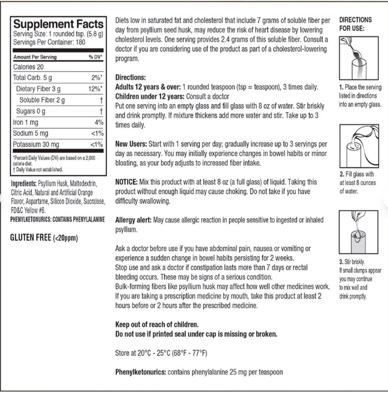 Kirkland Sugar Free Psyllium Fiber Supplement Powder 180 Doses. EXP 02/2028