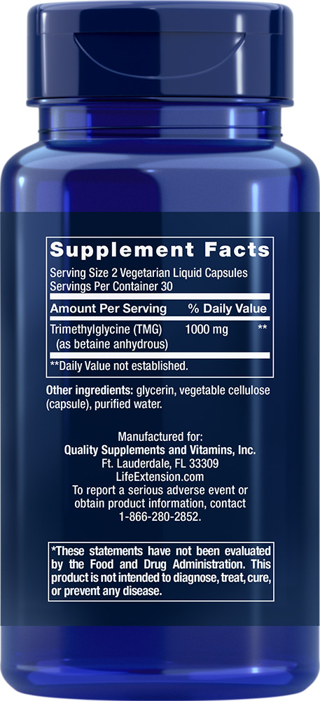Life Extension TMG 500 MG 60 LIQUID Veg Caps (Two Pack Deal)