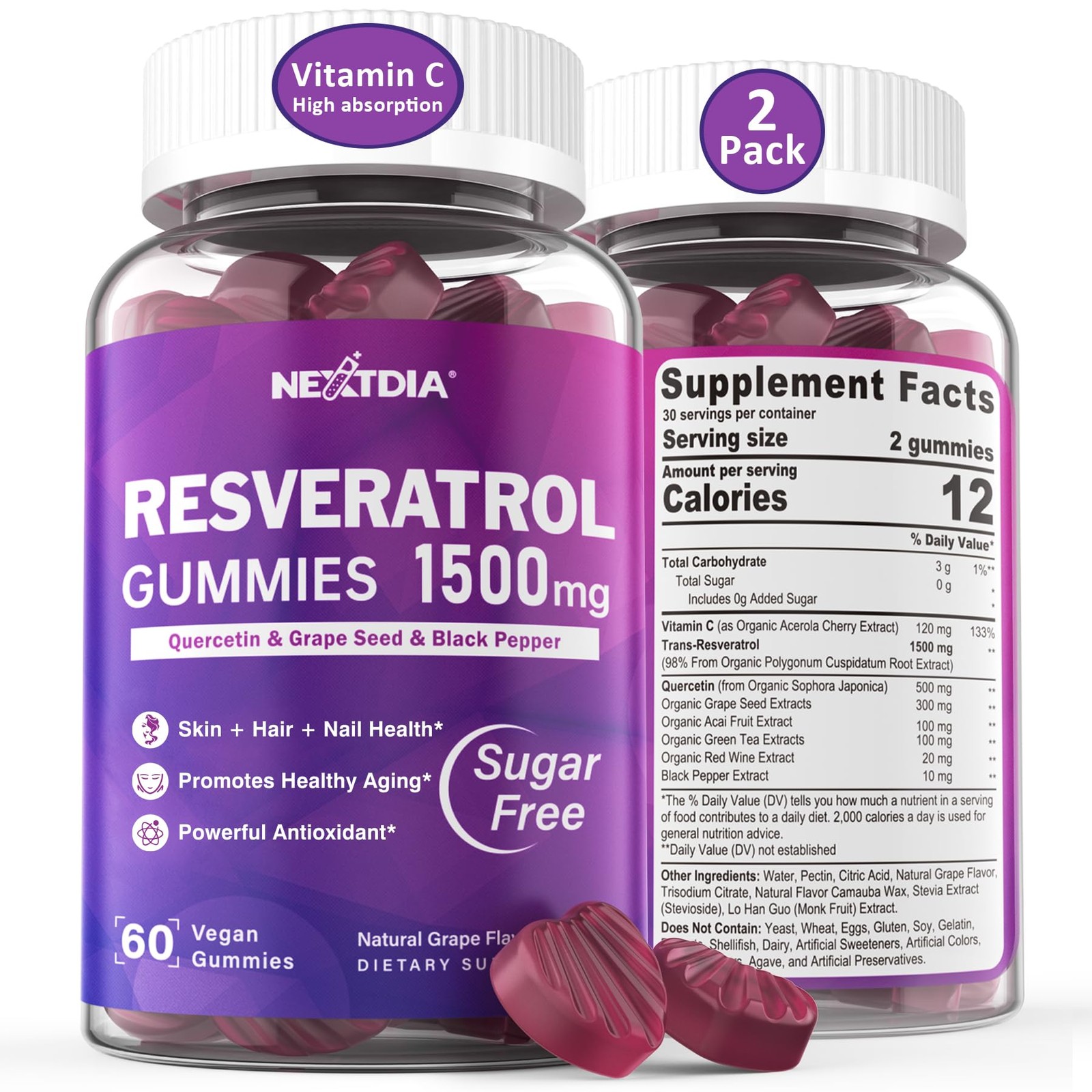 Resveratrol Supplement 1500mg – Gummies 60 Count (Pack of 2)