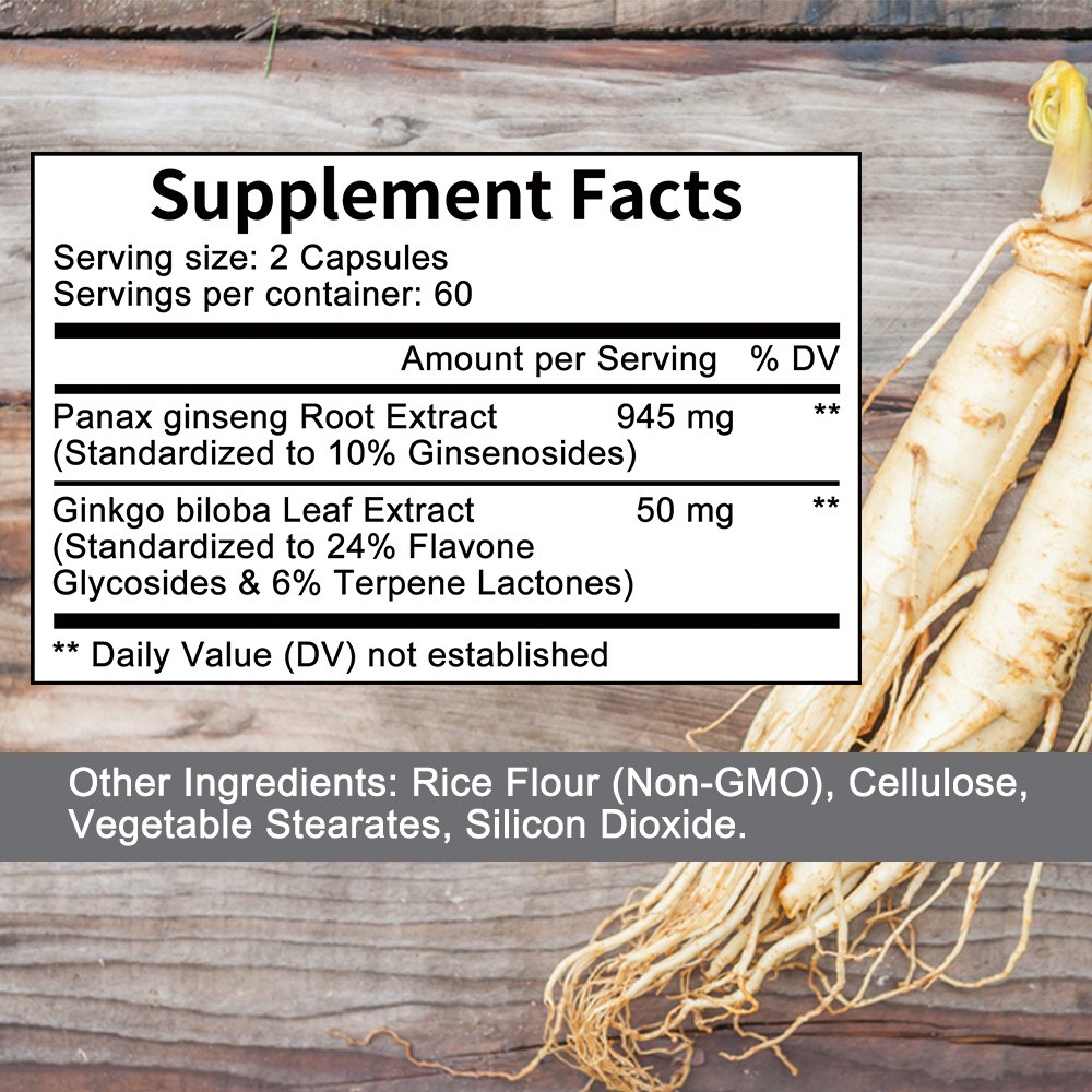 Panax Ginsen 945mg+Ginkgo Biloba 50mg Capsules – Boosts Energy, Focus, Memory