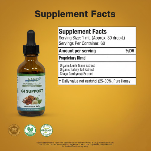 Organic GI Support Liquid Drops 2oz Lion’s Mane Turkey Tail Reishi Gut Health