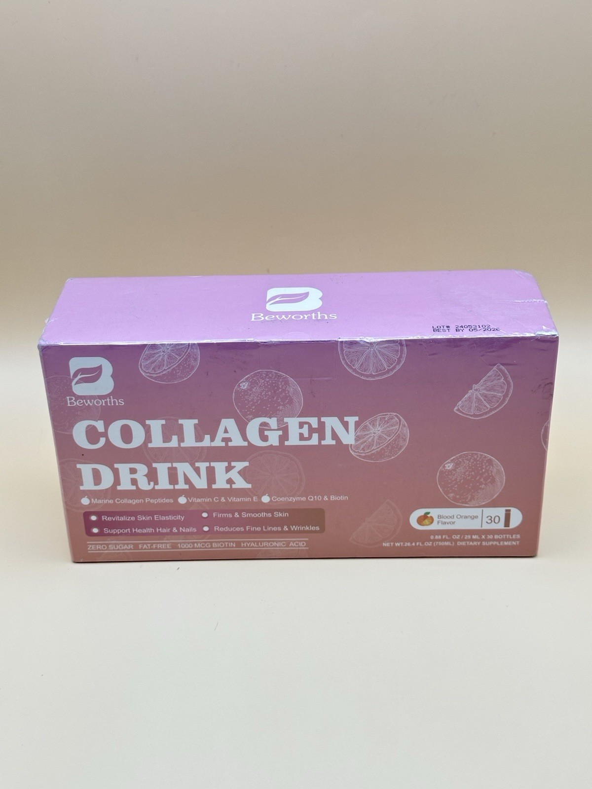 Beworths Collagen Marine Peptides Liquid Drink Blood Orange Zero Sugar 30ct 5/26