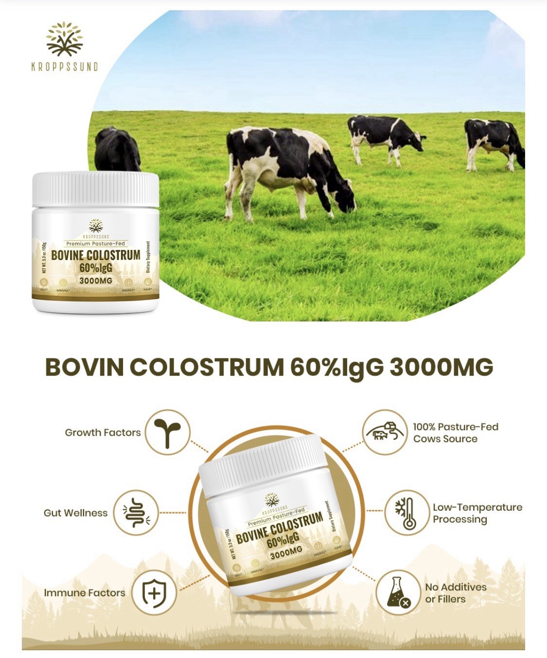 Kroppssund Pasture-Fed Bovine Colostrum Powder 60% IgG 3000mg 5.3 oz