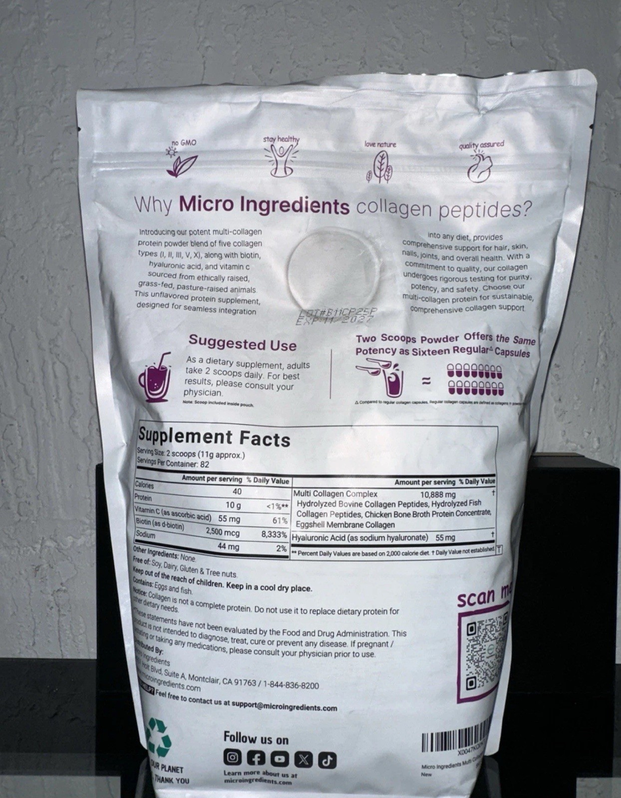 Micro Ingredients Multi Collagen Peptides Powder Types I-V-X Unflavored 2lb