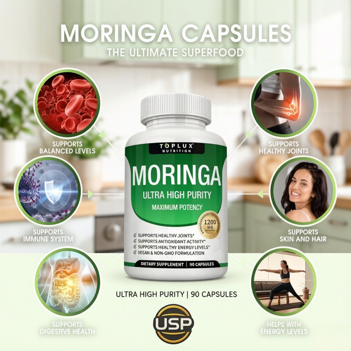 Toplux Moringa 1200mg – Ultra High Purity Maximum Potency, 90 Capsules