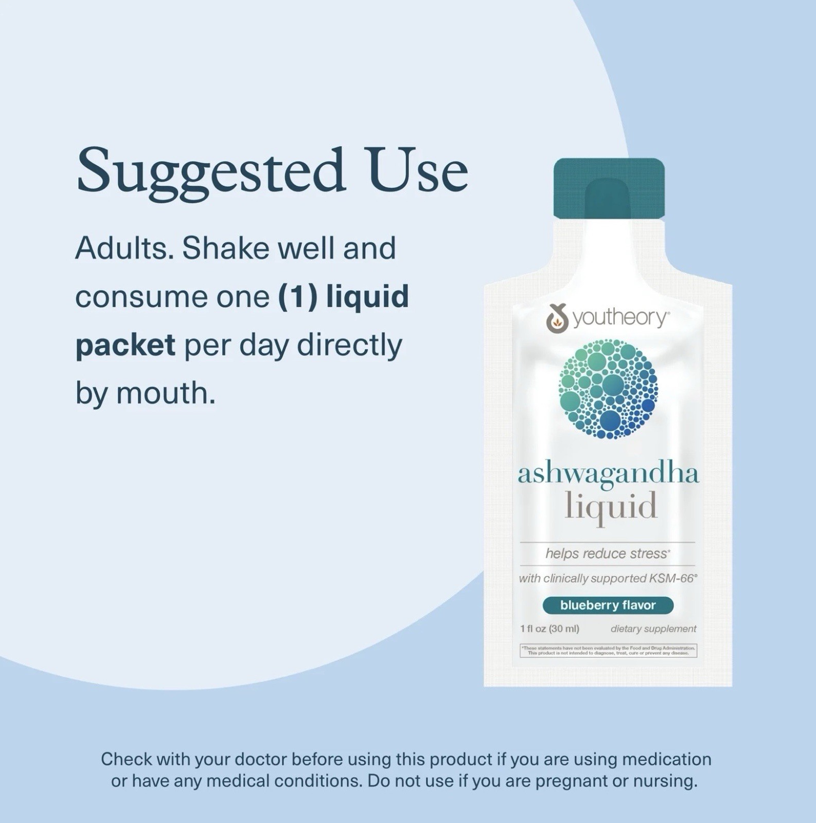 YOUTHEORY – ASHWAGANDHA (KSM-66) DAILY LIQUID PACKETS – BLUEBERRY FLAVOR 12 CT