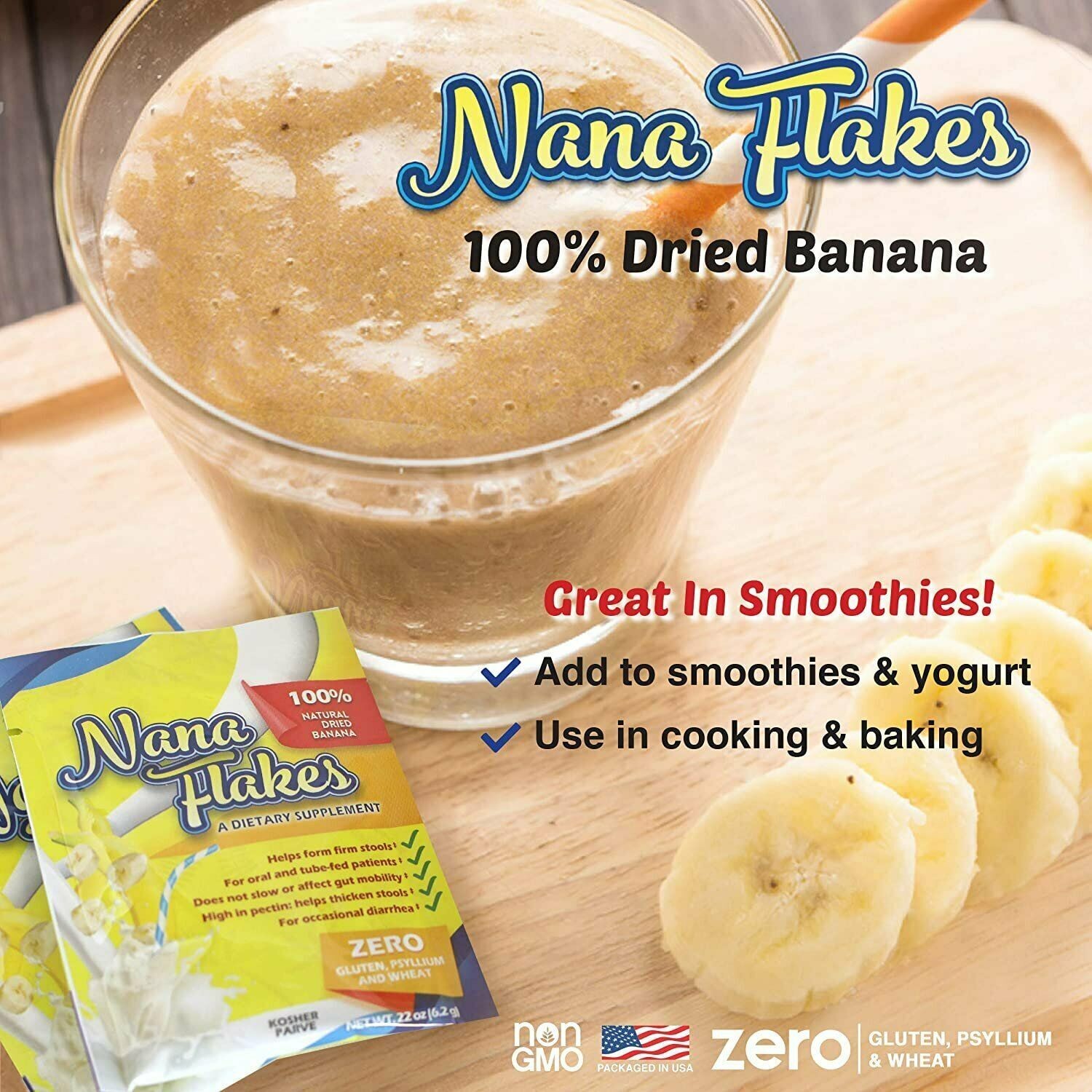 Nana Flakes 100% Pure Dried Banana No Sugar Single Serve 22 Oz 25 Packets