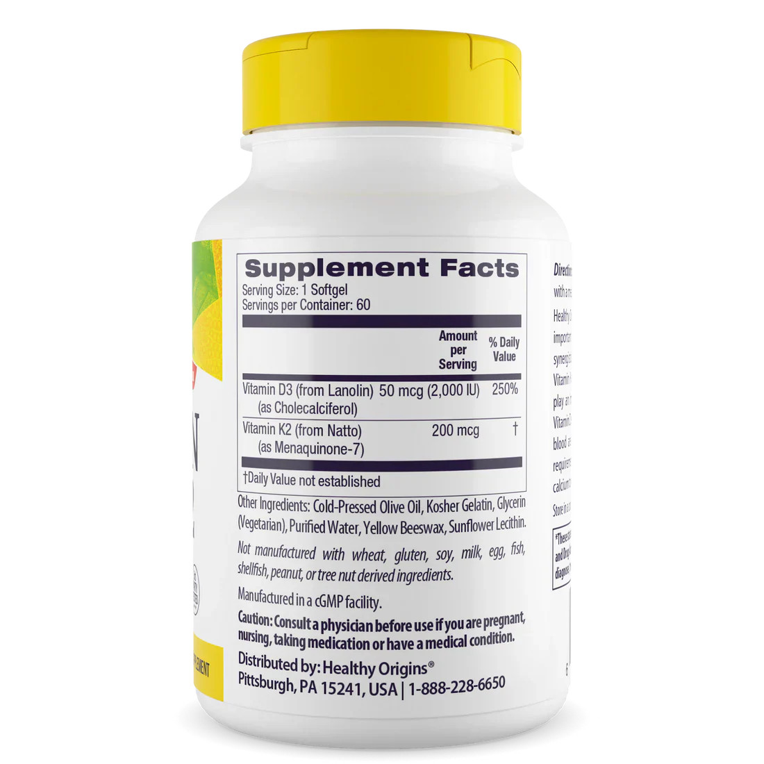 Healthy Origins Vitamin D3 (50 mcg) & K2(200mcg) | 60 Softgels