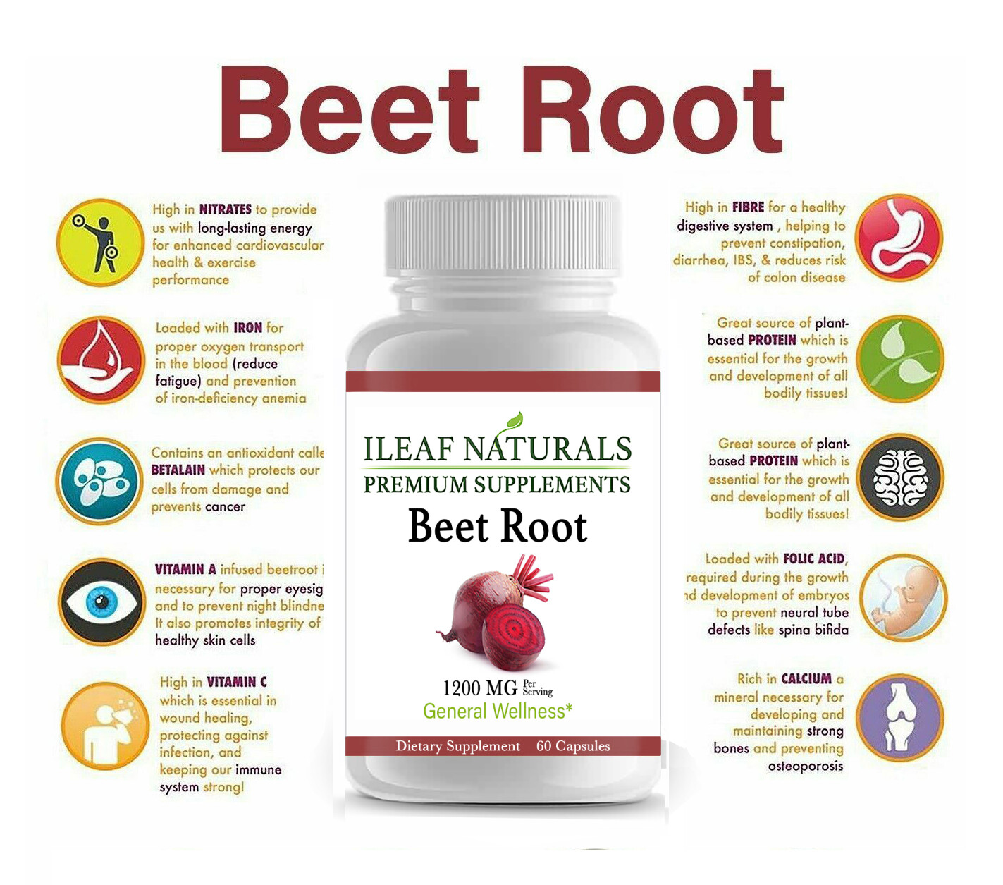 iLeafNaturals Beet Root Organic Whole-Food Powder – 1200 MG Veggie Capsules