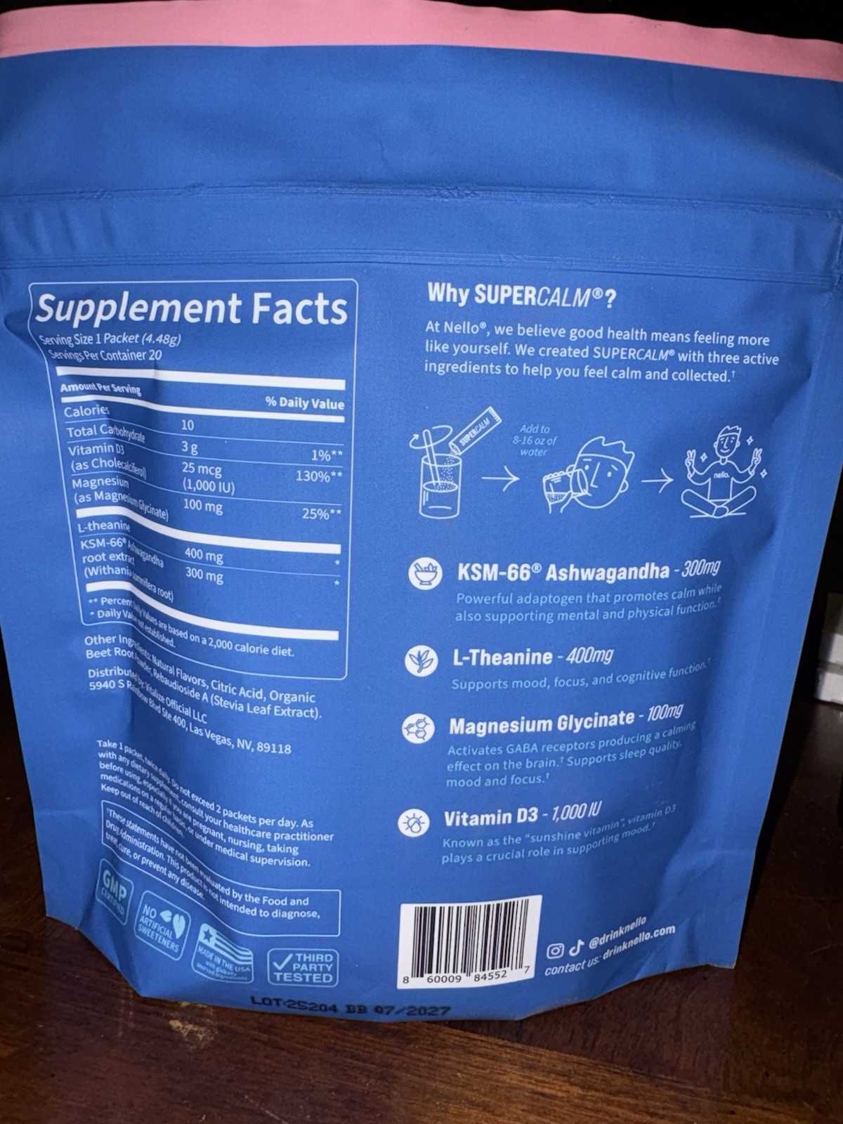 nello SUPERCALM Calming Drink Mix 0g Sugar Raspberry Lemonade 20 Packets