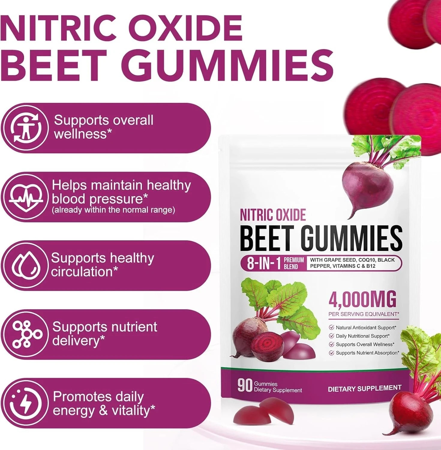 Beet Root Gummies ~ 90 Heart Health Chews for Blood Pressure Support Supplement