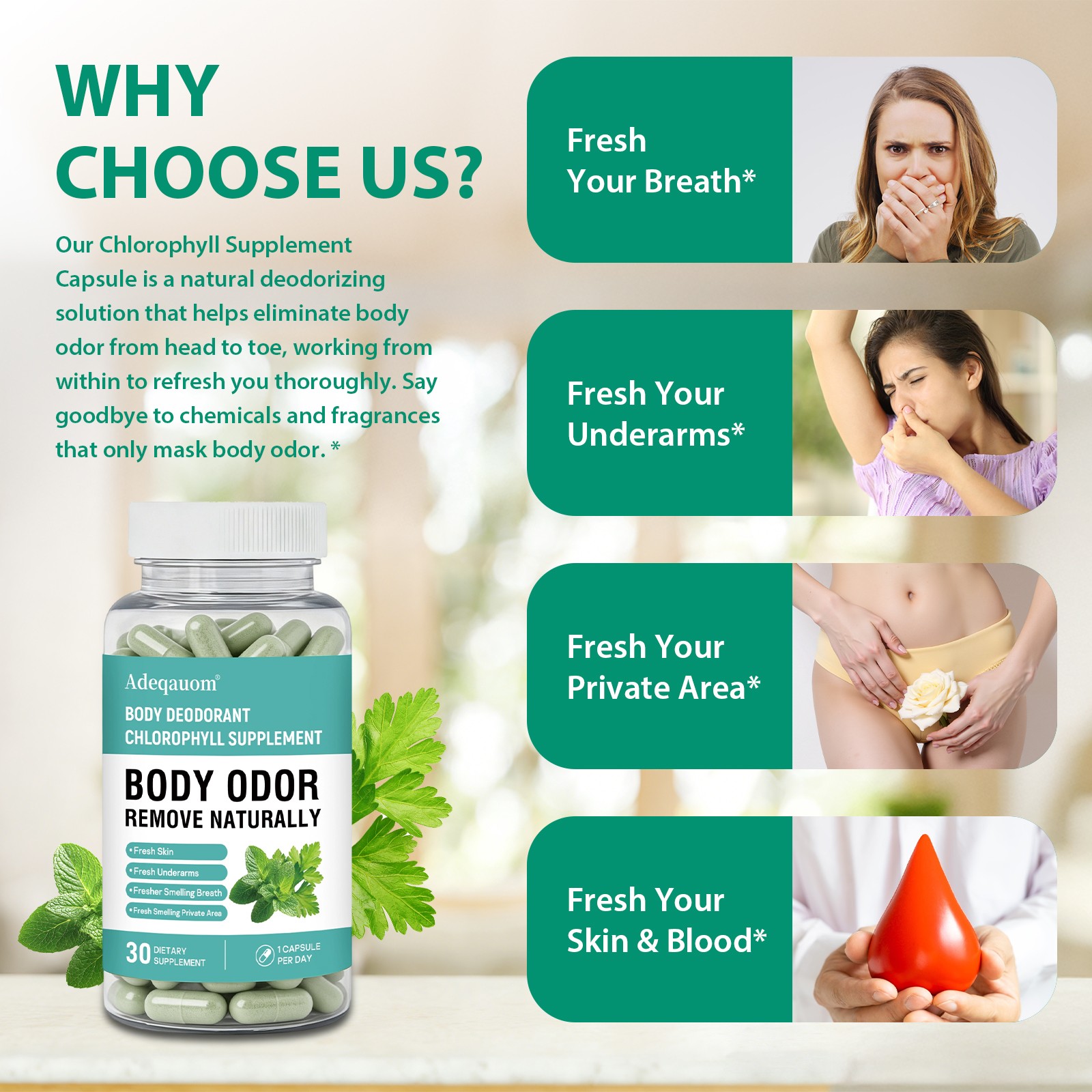 Chlorophyll Internal Deodorant Capsules,Full-Body Odor Control 30 Vegan Capsules