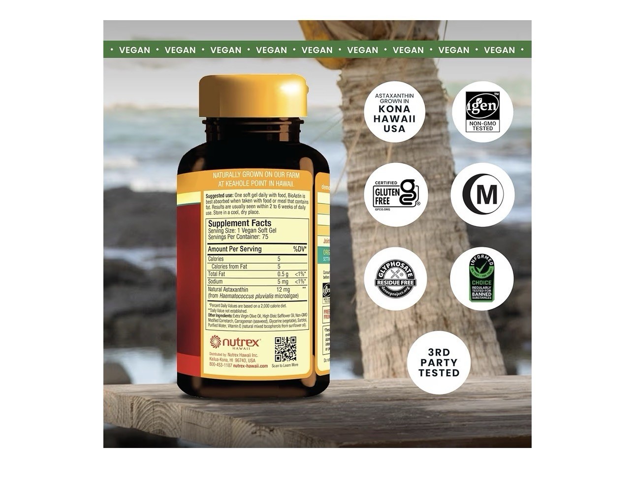 BioAstin Hawaiian Astaxanthin Vegan Non-GMO Gluten-Free 12mg 75 Softgels