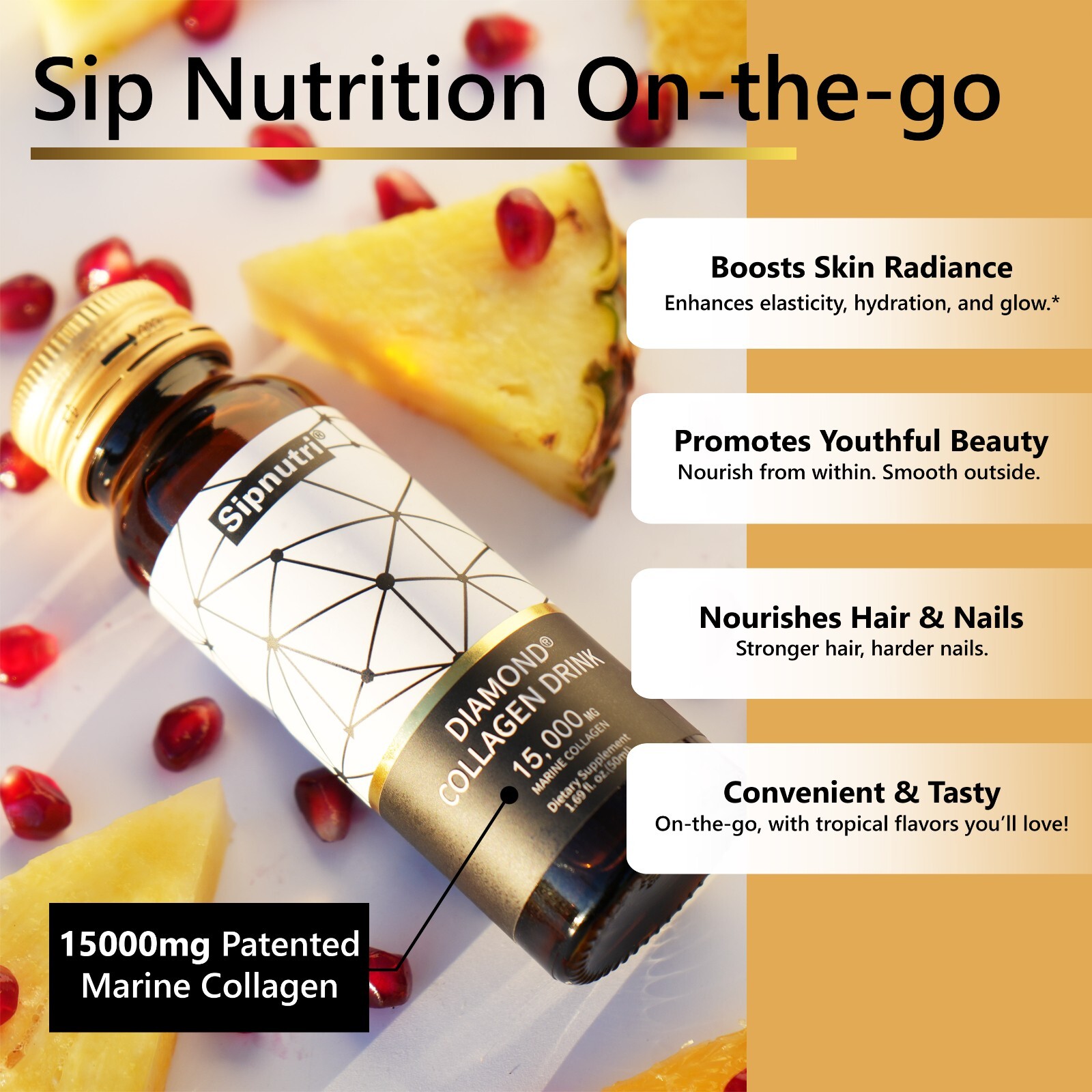 Sipnutri Liquid Collagen Drink 15000mg Hydrolyzed Marine Fish Collagen 3 Boxes