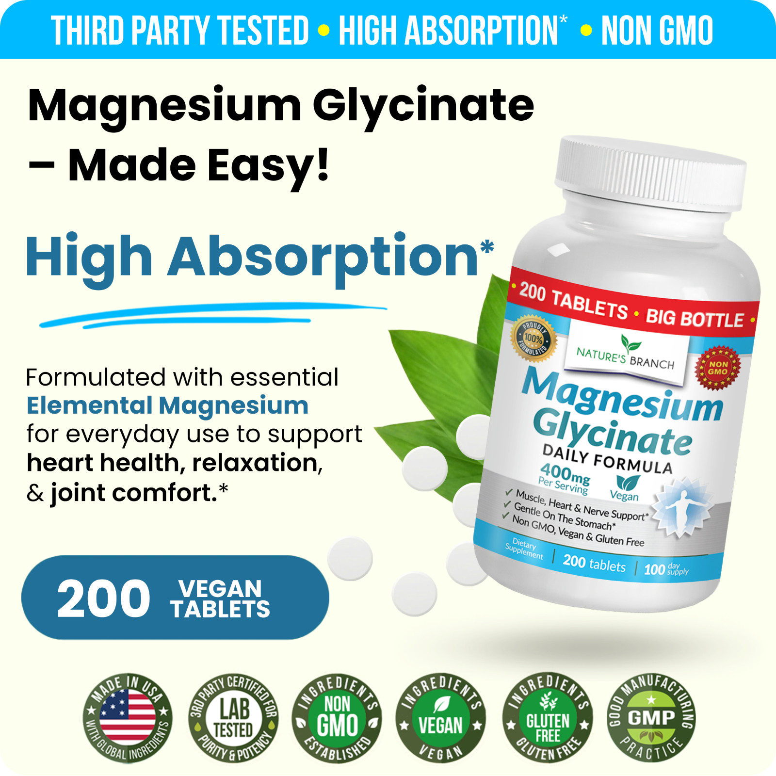BEST MAGNESIUM GLYCINATE 400 MG – 200 TABLETS – HIGH ABSORPTION PURE MADE IN USA