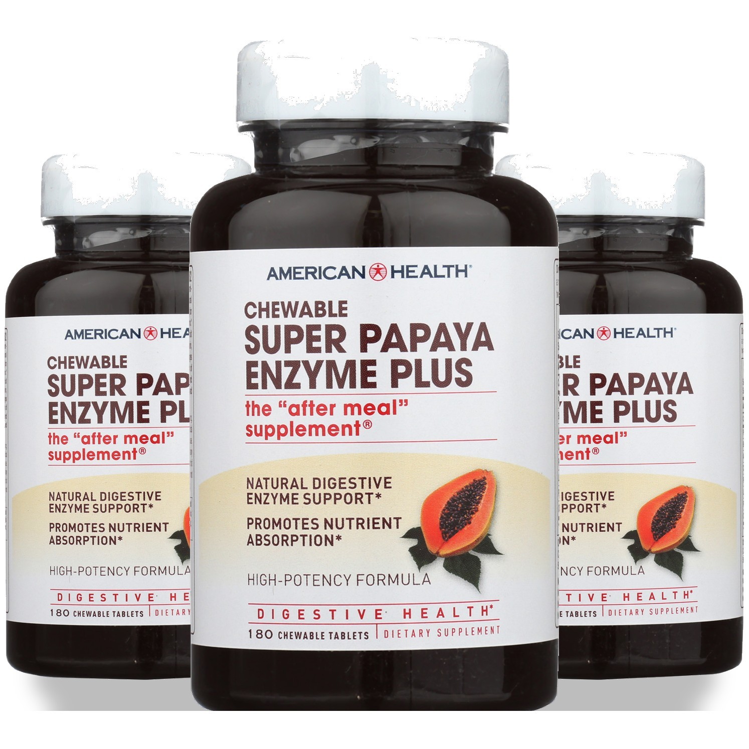 American Health Super Papaya Enzyme Plus Chewable Tablets 180 Count 3 Pack