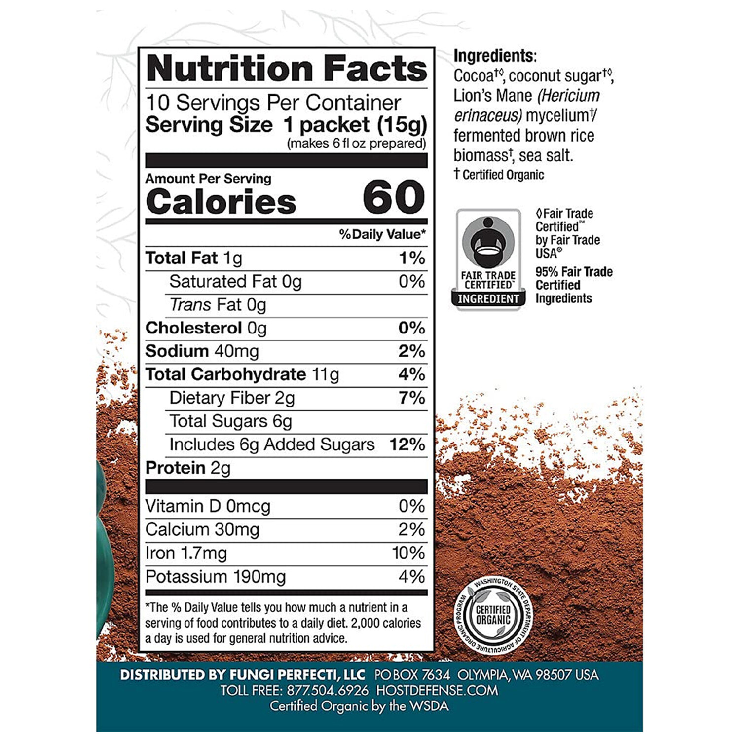 Host Defense Mushrooms MycoBrew Cocoa Certified Organic Drink Mix, 5 Ounces