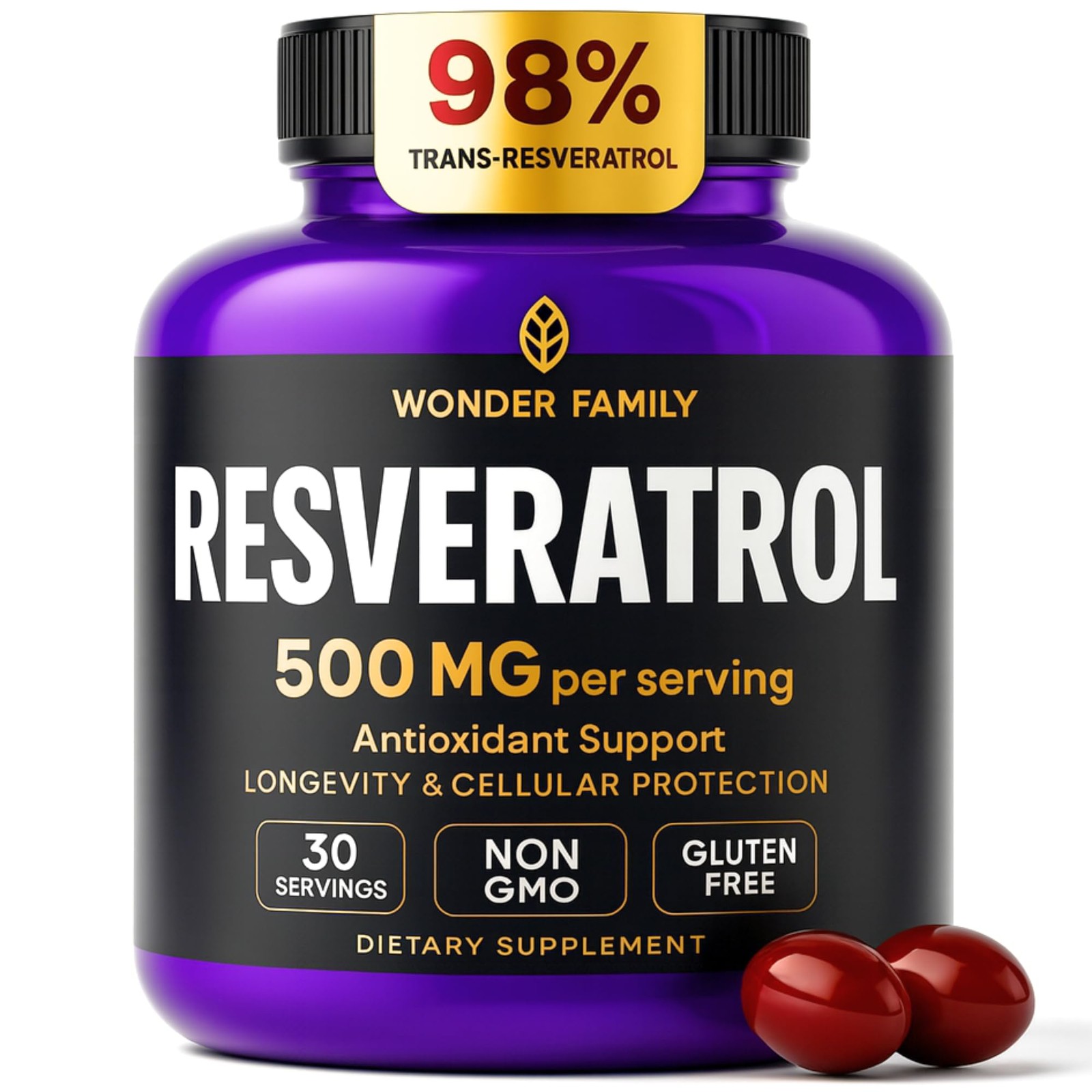 Resveratrol Supplement 500mg – 98% Trans 60 Count (Pack of 1)