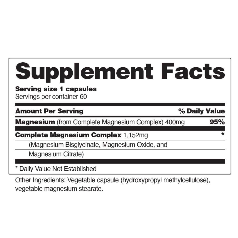 Magnesium Glycinate Natural Capsules Muscle Relaxer, Heart & Bone Health – 60ct