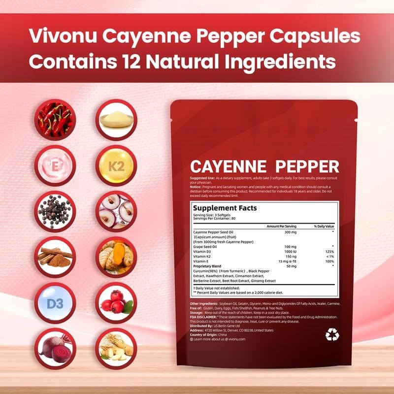 Premium VivoNu Cayenne Pepper Softgels Supplement – 240 Capsules NEW FREE SHIP
