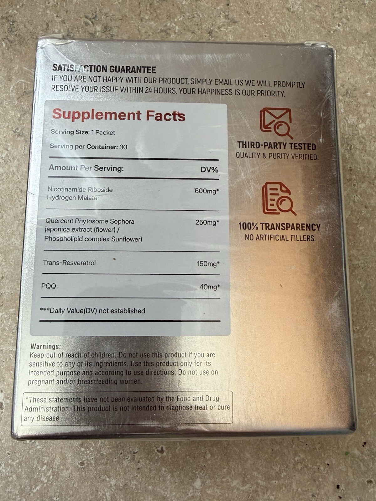 Cellvida NAD+ Booster 1000mg Nicotinamide Riboside PQQ Resveratrol 30 Packets