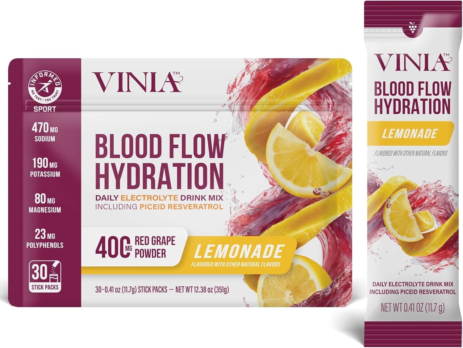 VINIA Resveratrol Electrolyte Hydration Powder Mix Lemonade Blood Flow
