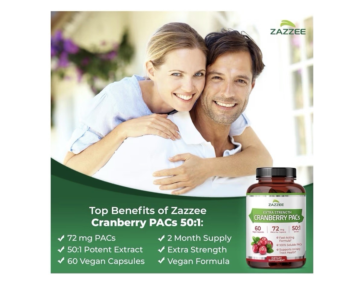 Zazzee Cranberry PACs Extra Strength Urinary Tract Support 100% Soluble 60 Caps