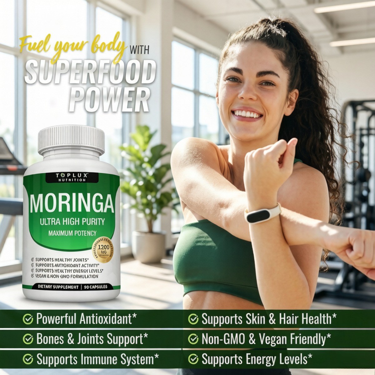 Toplux Moringa 1200mg – Ultra High Purity Maximum Potency, 90 Capsules