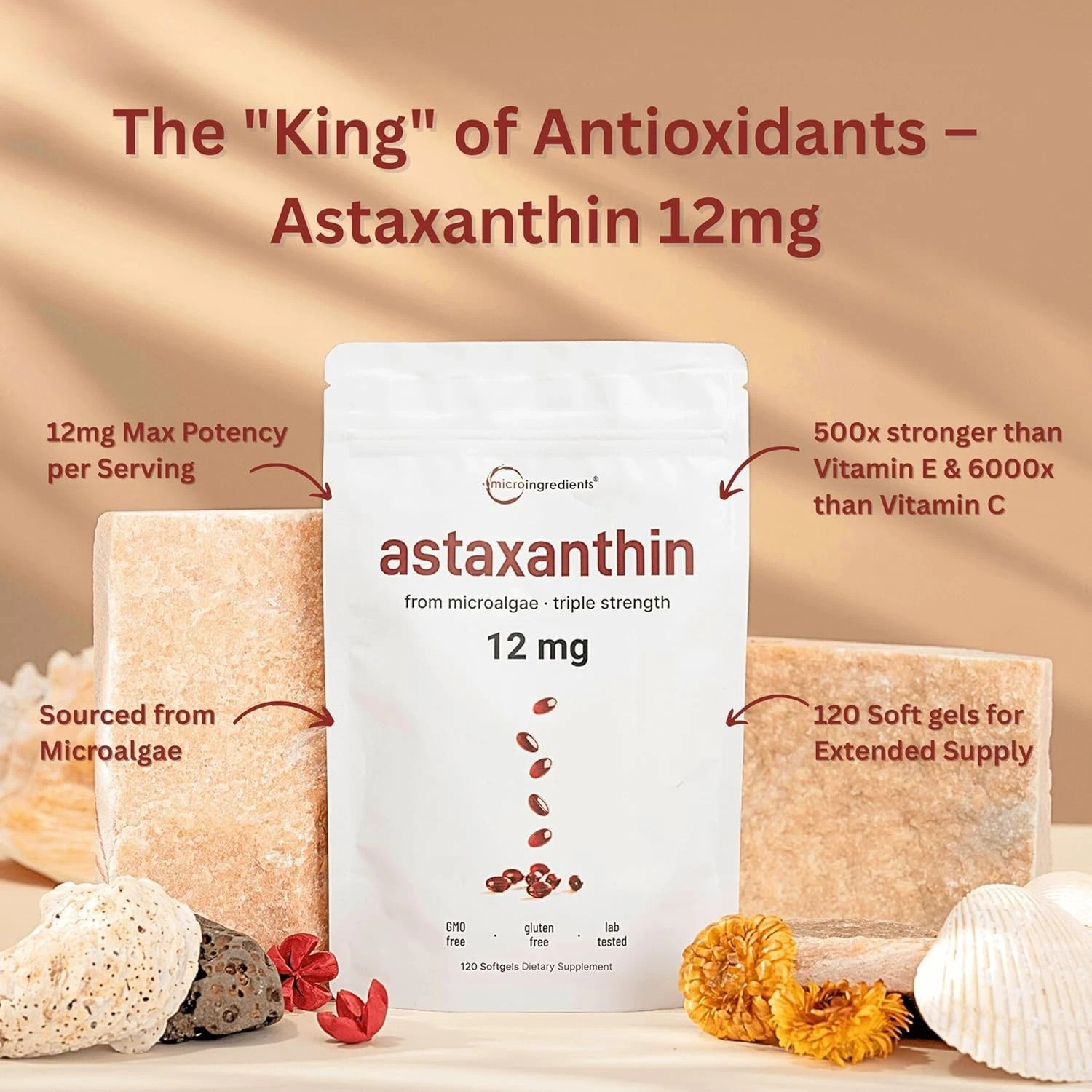 12mg Astaxanthin 120 Softgels Antioxidant Fresh Microalgae Eye Joint Skin Health