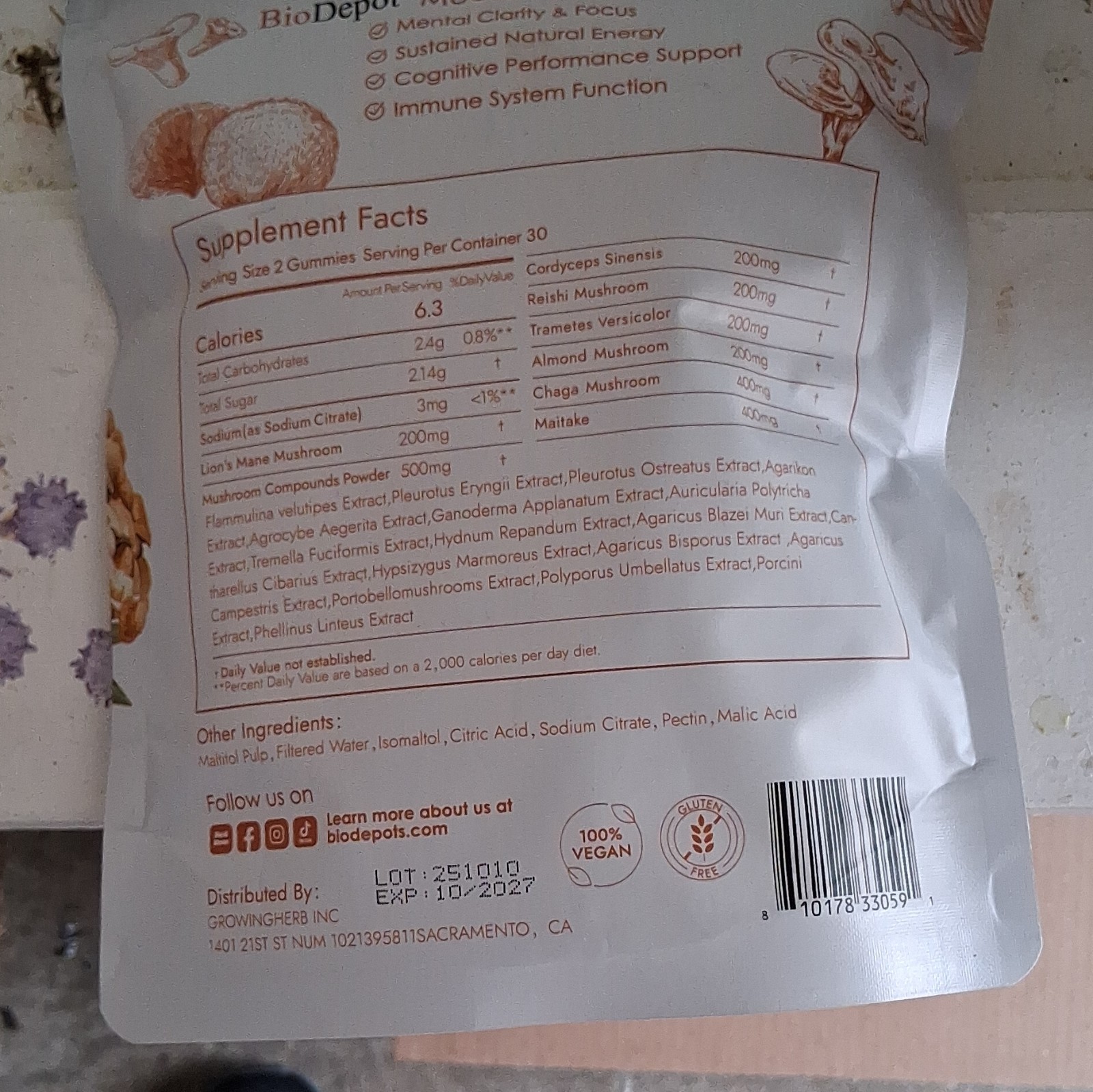 BioDepot Mushroom Gummies 60ct 180g Mango Vegan Lion’s Mane Reishi 200mg