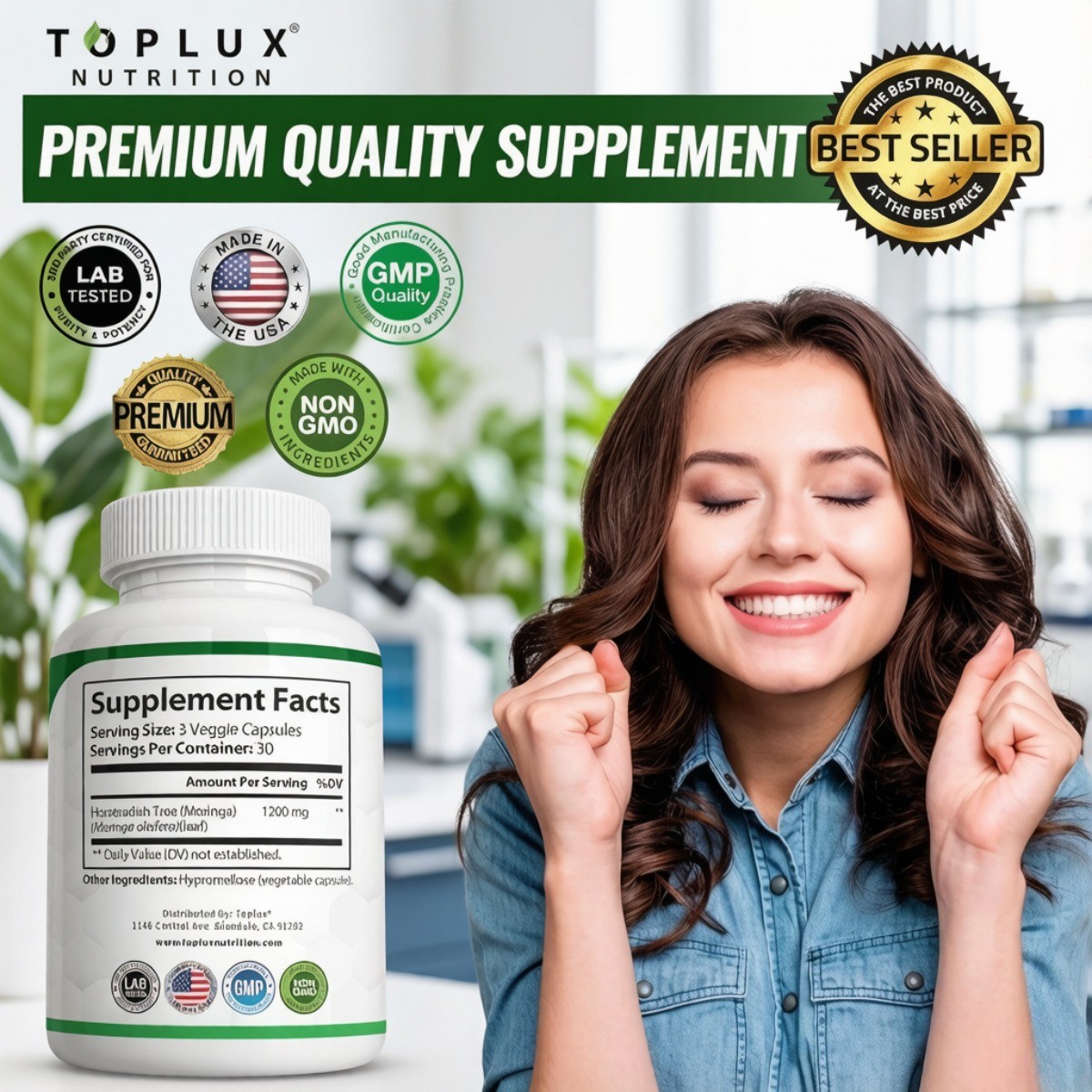 Toplux Moringa 1200mg – Ultra High Purity Maximum Potency, 90 Capsules