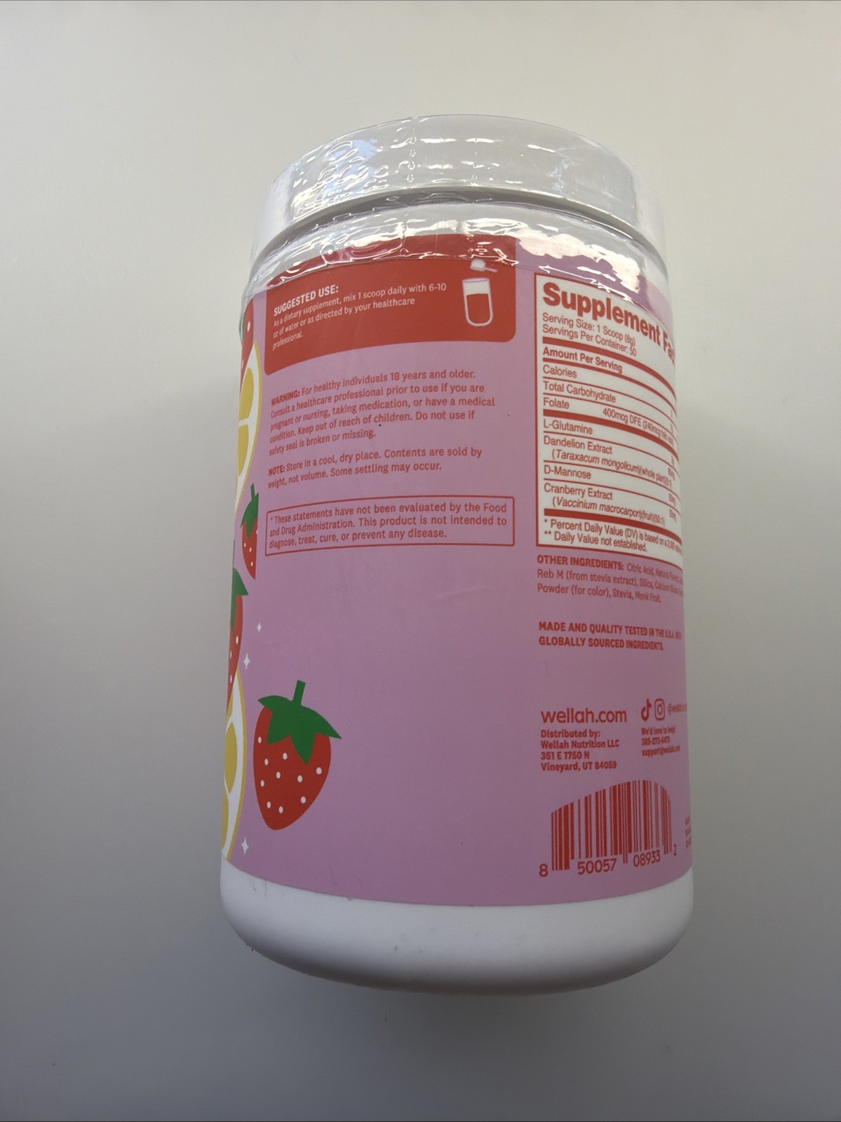 wellah L-Glutamine Powder Strawberry Lemonade w/ Folate Cranberry D-Mannose