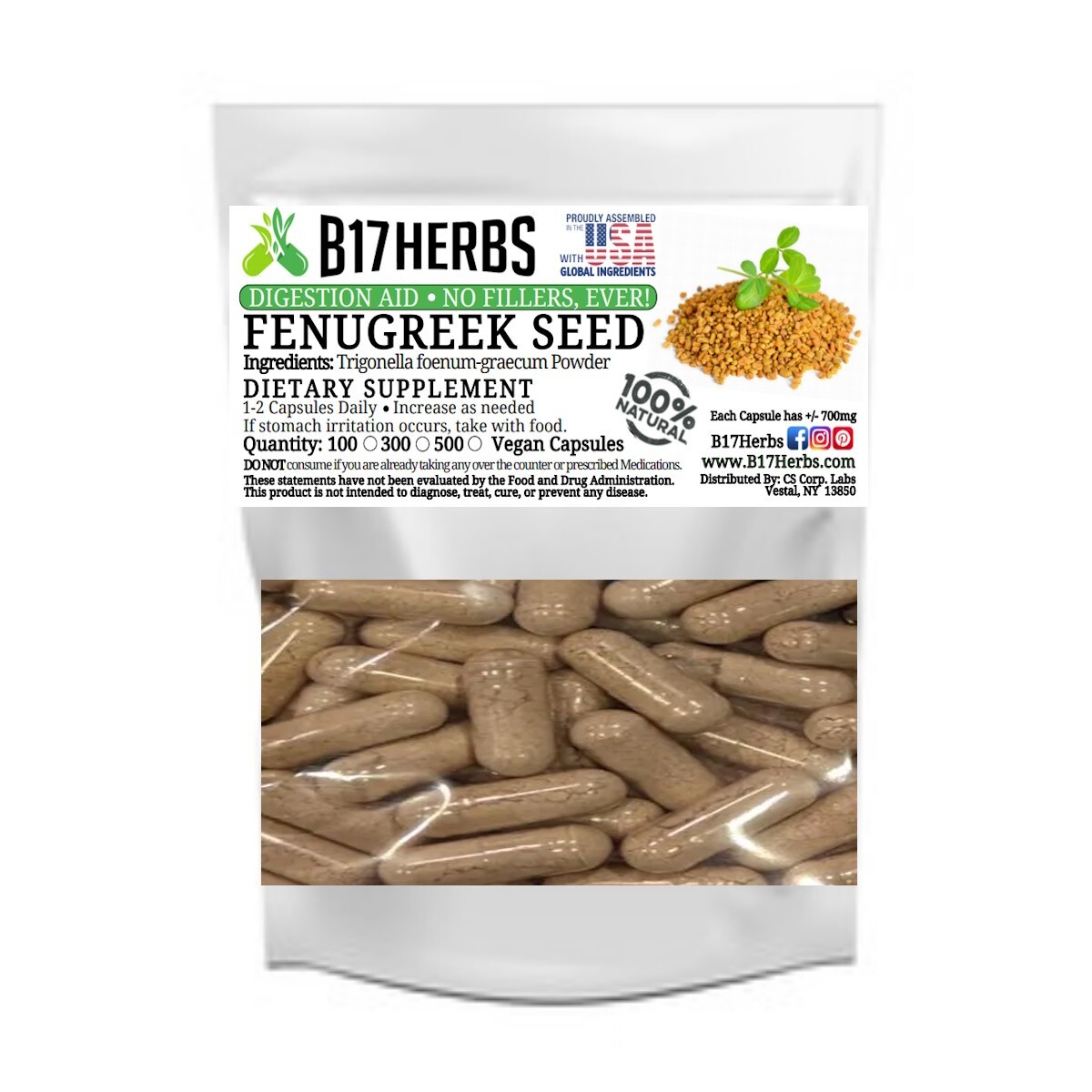 Pure Fenugreek Powder Veggie Capsules | 100 caps, 700mg