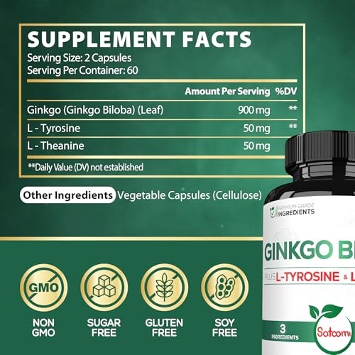 1000mg Ginkgo Biloba Supplements with L-Tyrosine, L 120 Count (Pack of 1)