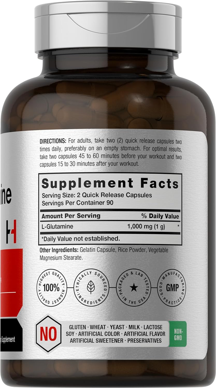 L-Glutamine Capsules 1000mg, 180 Count, Pre and Post Workout Supplement Horbaach