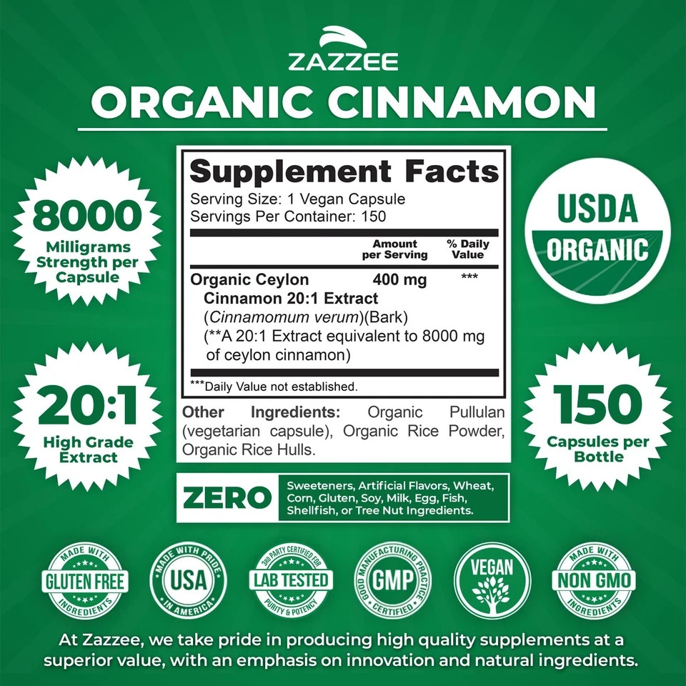 USDA Organic Ceylon Cinnamon 20:1 Extract, 150 Vegan Capsules, 5 Month Supply