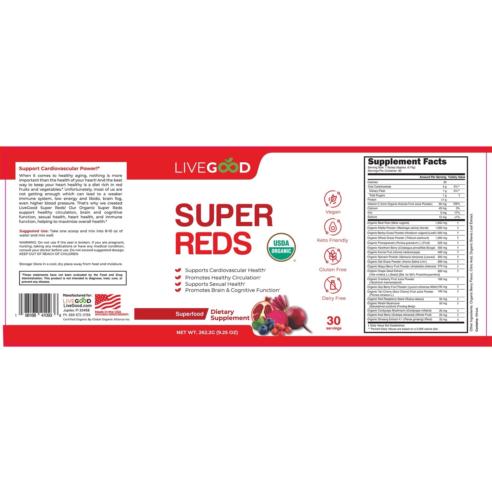 LiveGood Organic Super Reds Cardiovascular Power Dietary Supplement (Powder)