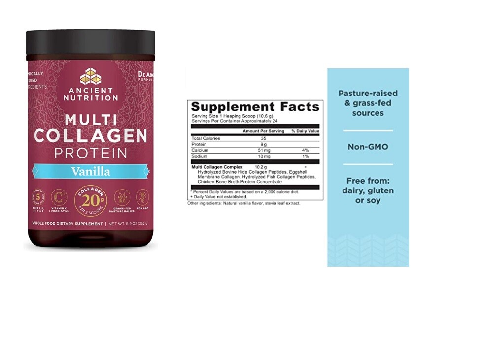 Dr Axe Collagen Protein Vanilla Powder 8.9 oz, Collagen Peptides Skin Support