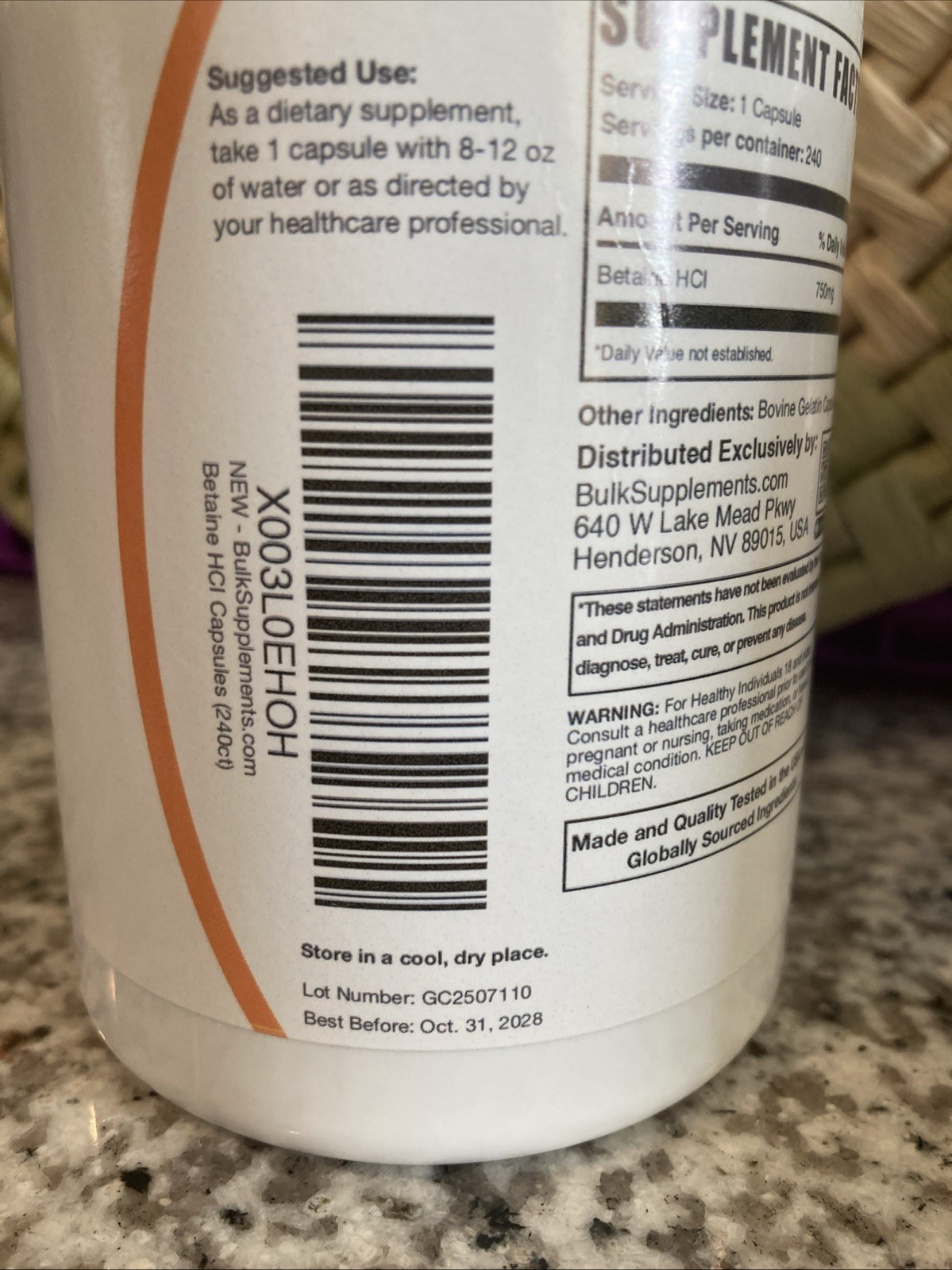 BulkSupplements 750 mg Betaine HCL Supplement 240 Capsules New EXP 10/31/2028