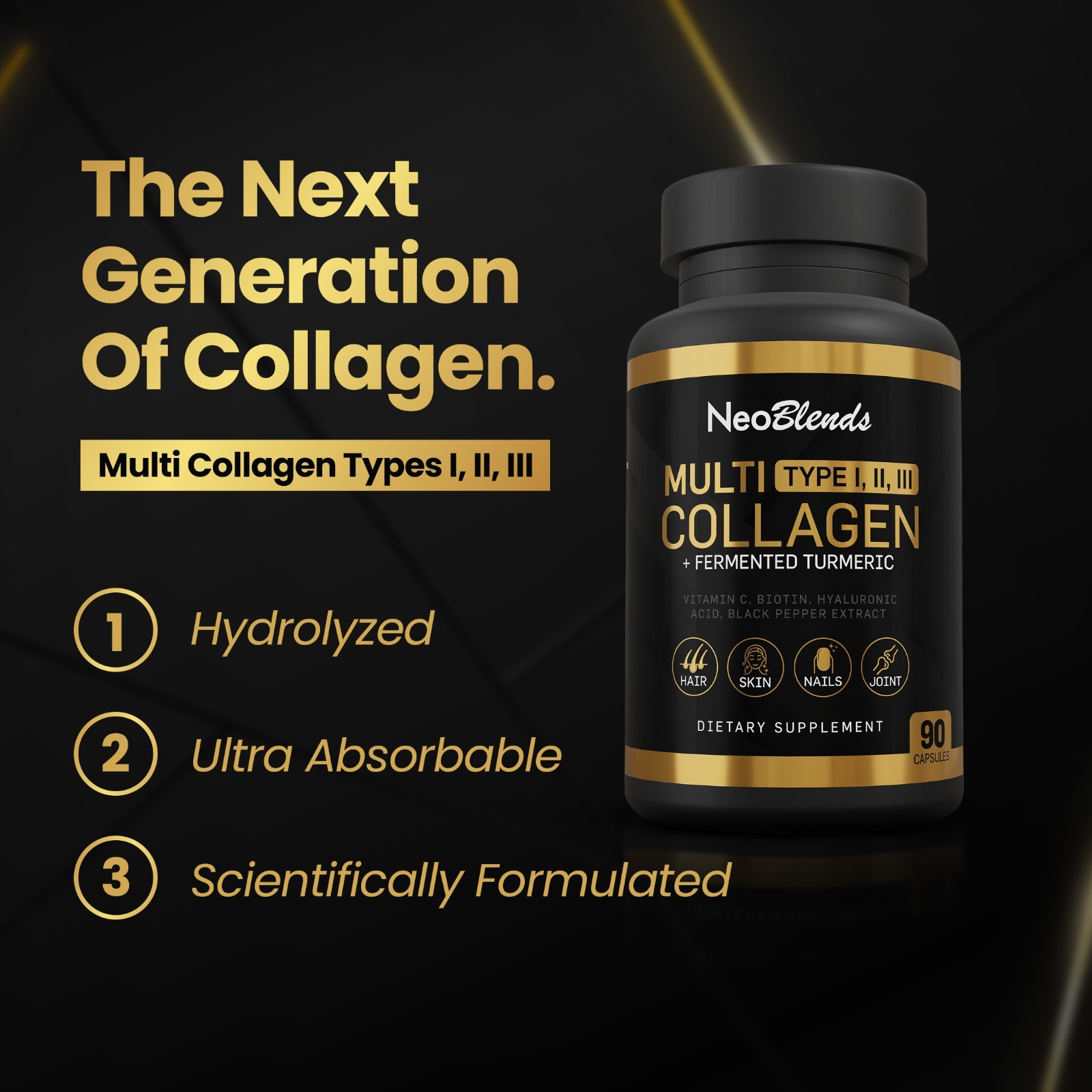 Hydrolyzed Multi Collagen for Hair Skin Nails Support – 90 Capsules