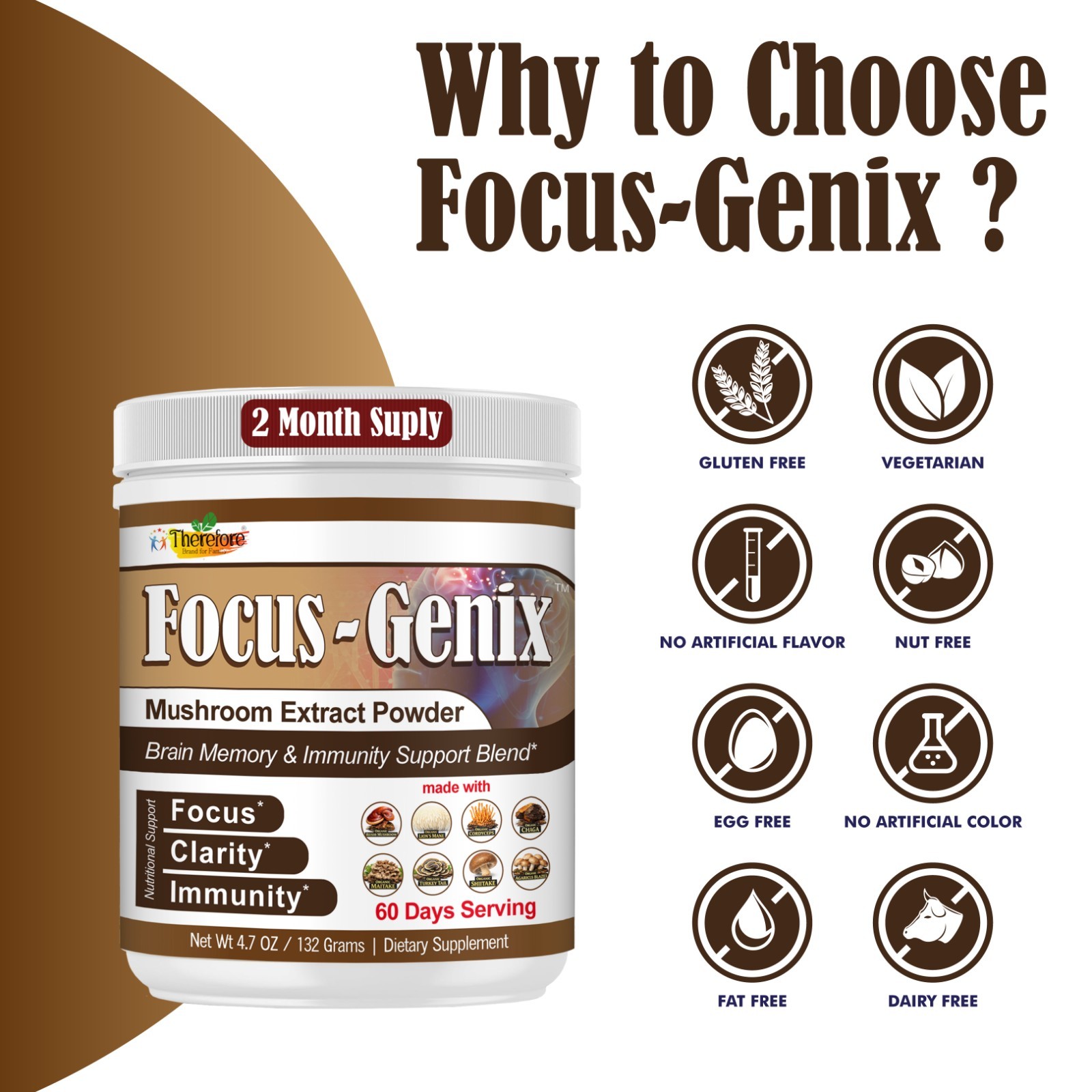 Mushroom Supplement Powder- Focus, Brain Health & Immune Support 60 Servings