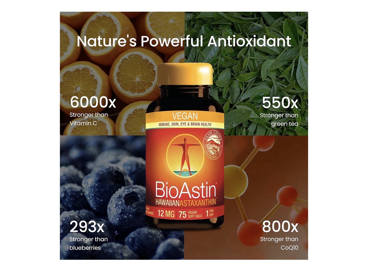 BioAstin Hawaiian Astaxanthin Vegan Non-GMO Gluten-Free 12mg 75 Softgels