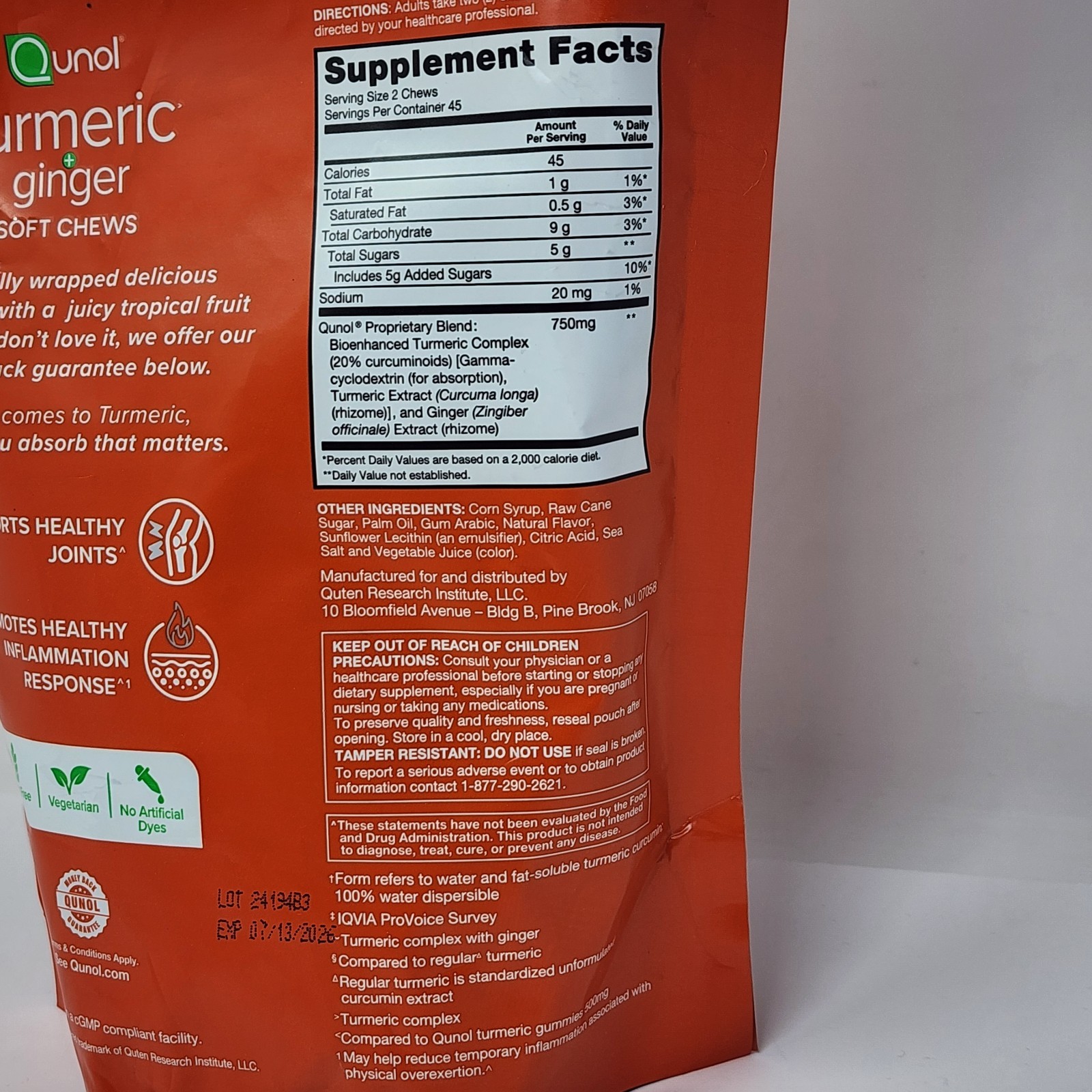 Qunol Turmeric + Ginger 750 mg Fruit Flavor 90 Soft Chews Exp 07/13/2026