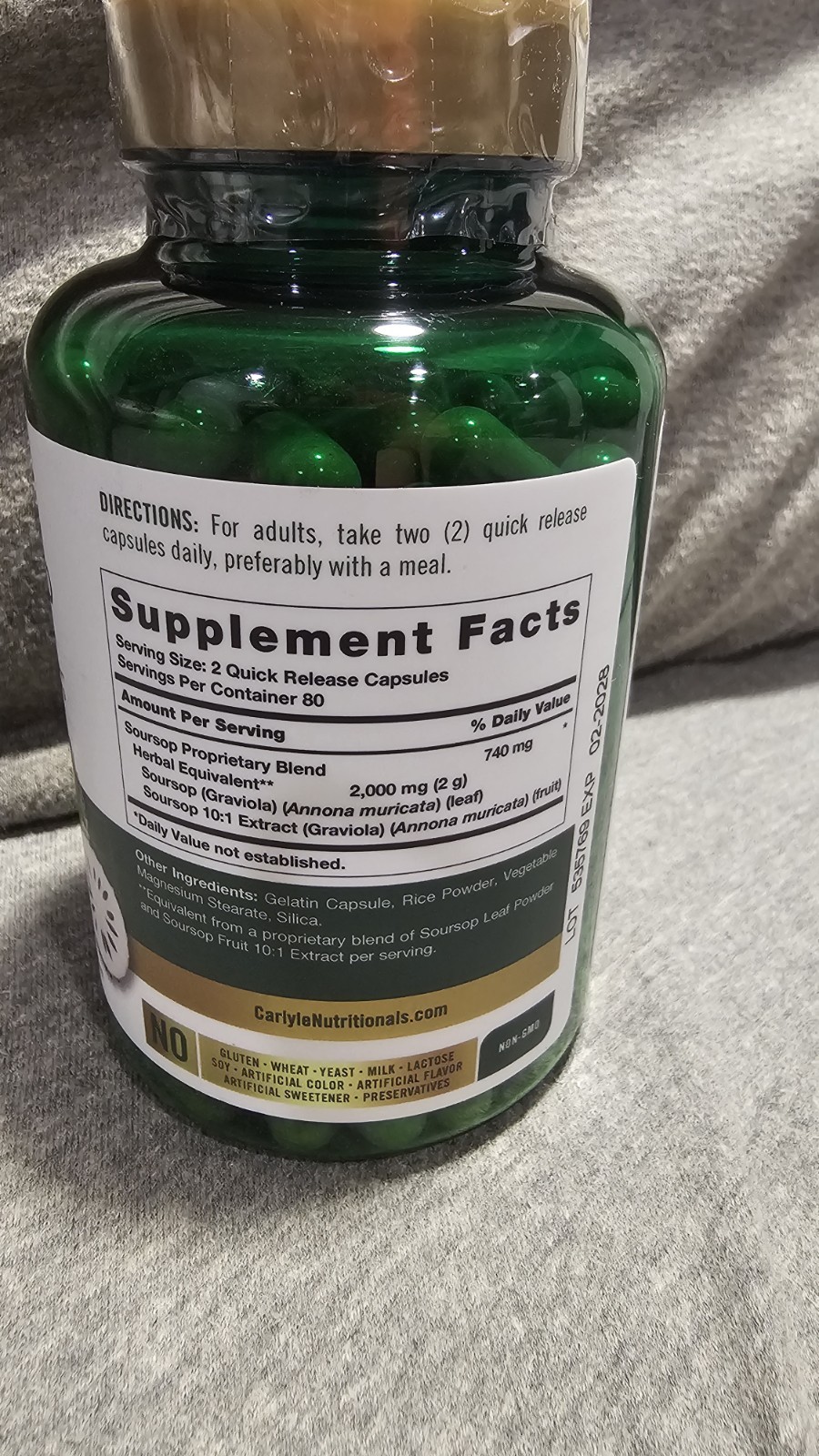 Carlyle Soursop 2000mg 160 Capsules Non-GMO Gluten-Free Allergen-Free Supplement