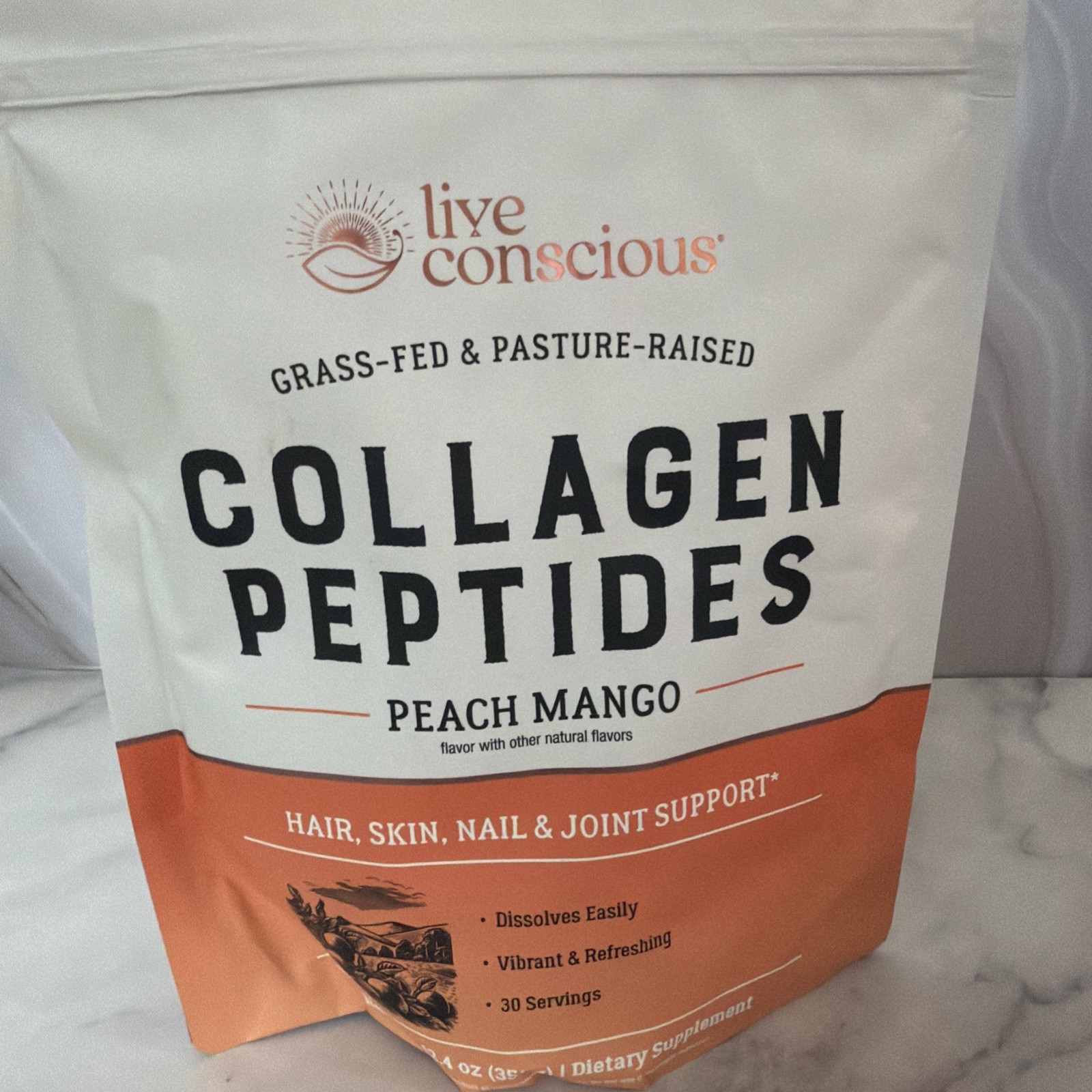 Live Conscious Collagen Peptides Peach Mango Powder 12.4 oz Exp 03/2027