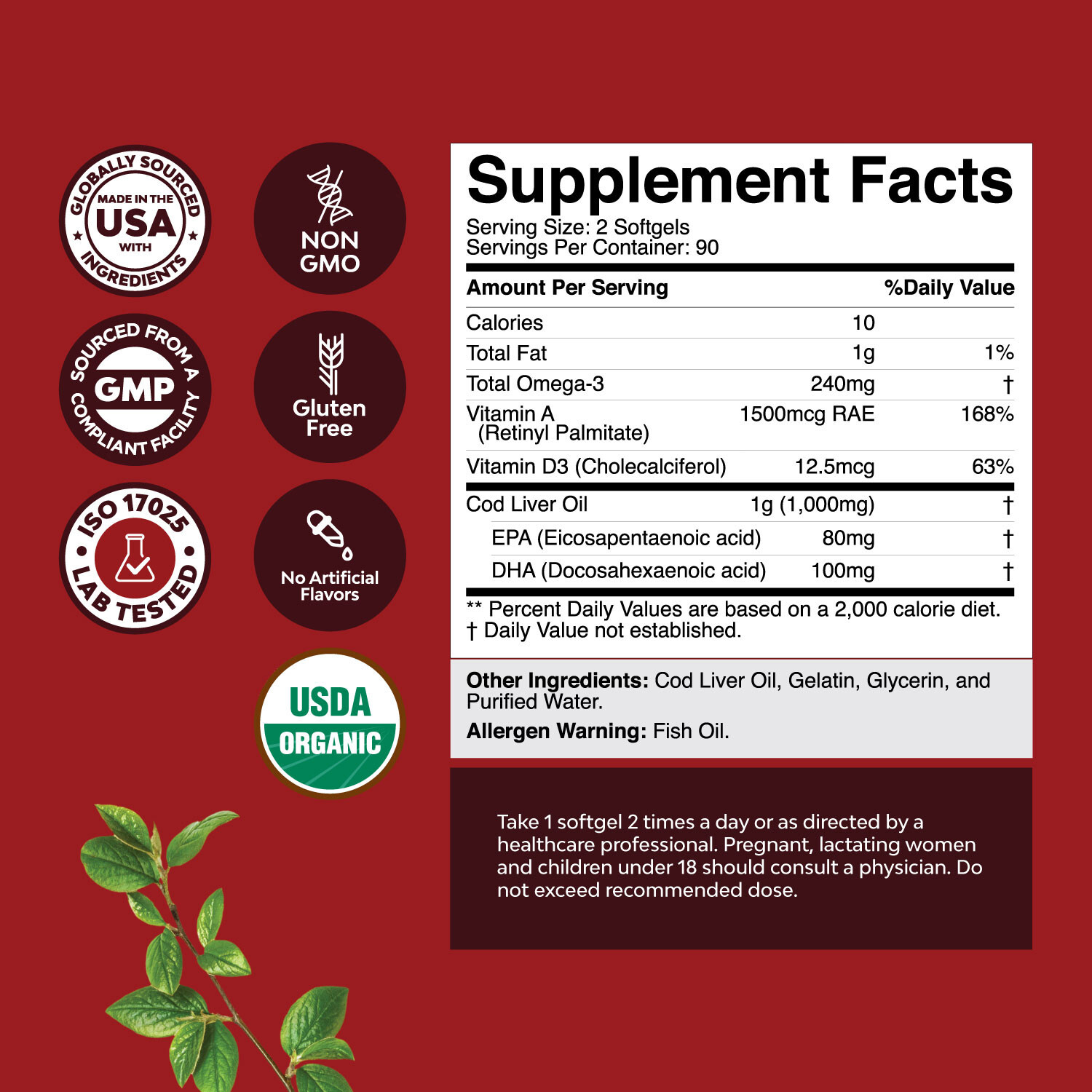 Icelandic Cod Liver Oil Softgels – EPA DHA Omega 3 Fish Oil 1000mg Per Serving