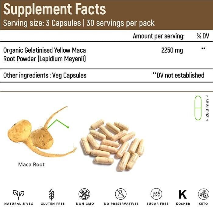 Maca Root Capsules 750mg for Boost Energy Male Enhancement & Performance 90Ct