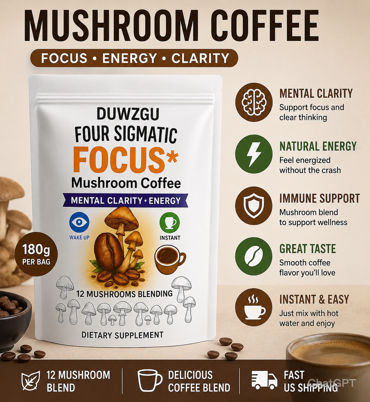 Mushroom Coffee Focus Blend Instant Energy Mental Clarity Dietary Supplement USA