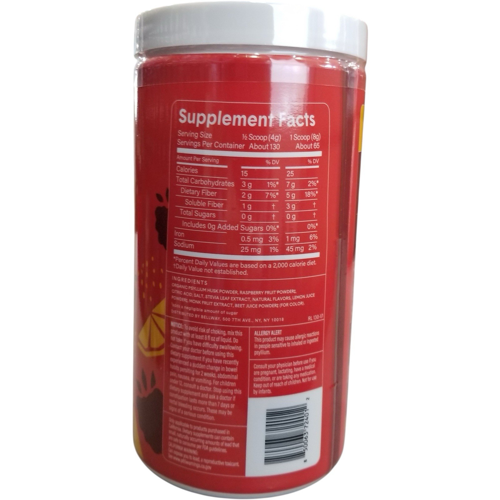 (4x) Bellway Super Fiber + Fruit Psyllium Raspberry Lemon 18oz Each Ex: 9/2026