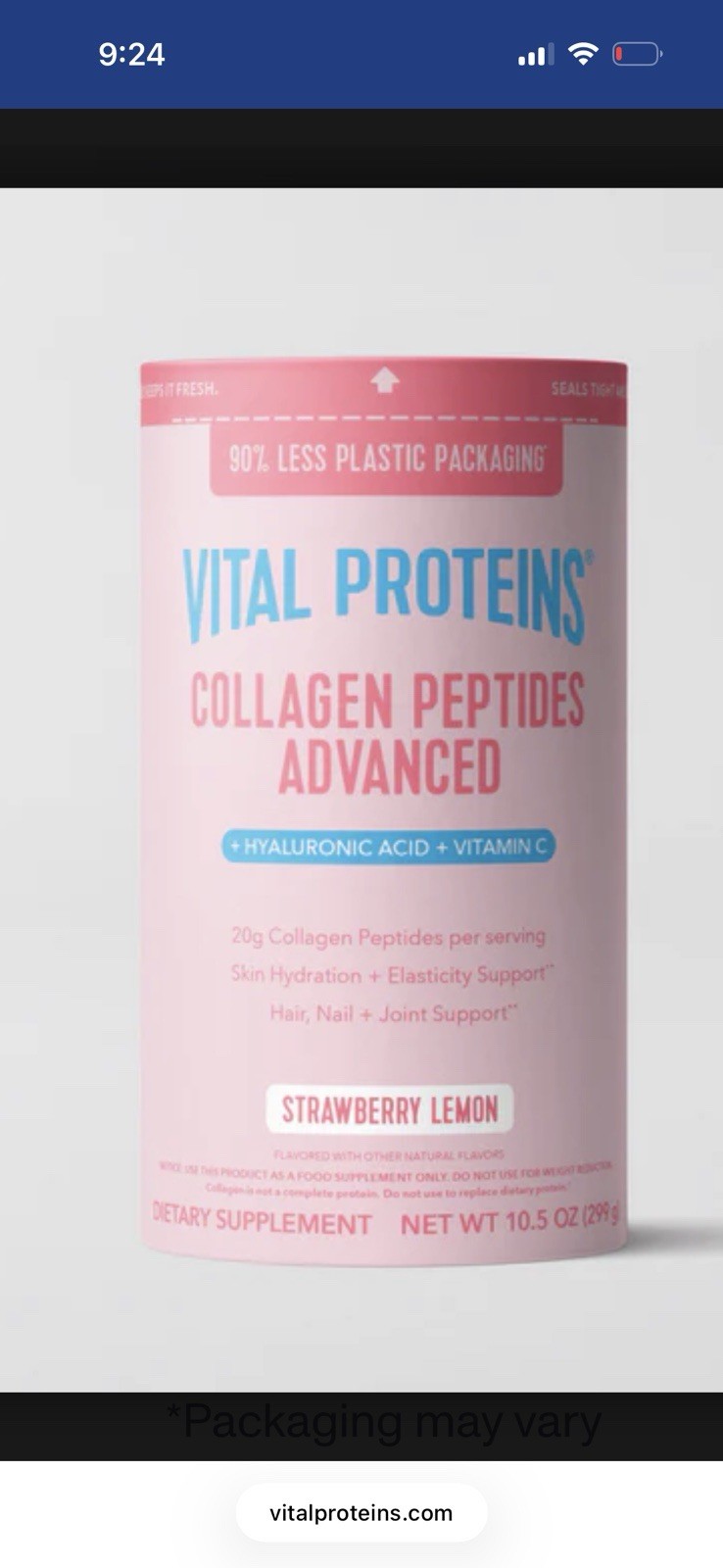 Vital Proteins Collagen Peptides Strawberry Lemon w/ Hyaluronic Acid 10.5 oz